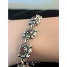 Vintage Taxco Mexico Garnet Flower 925 Sterling Silver Chain Link Bracelet