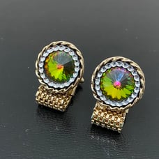 Vintage HADLEY Gold-tone Watermelon Rivoli Rhinestone Mesh Wrap Cufflinks