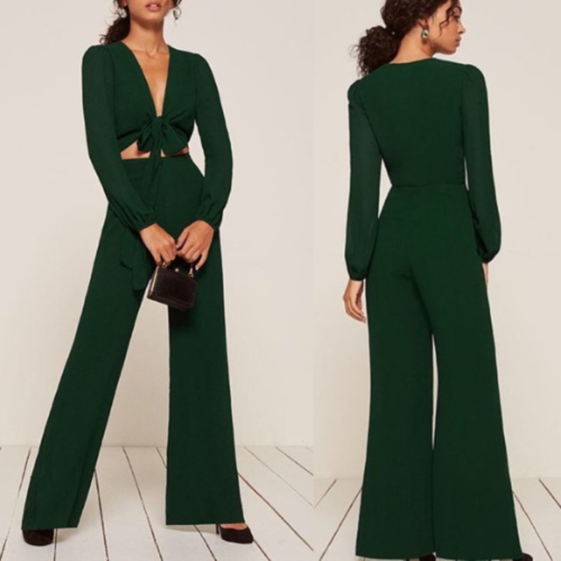 NWT Reformation Primrose Long Sleeve Tie Front Cutout Wide Leg Jumpsuit Green