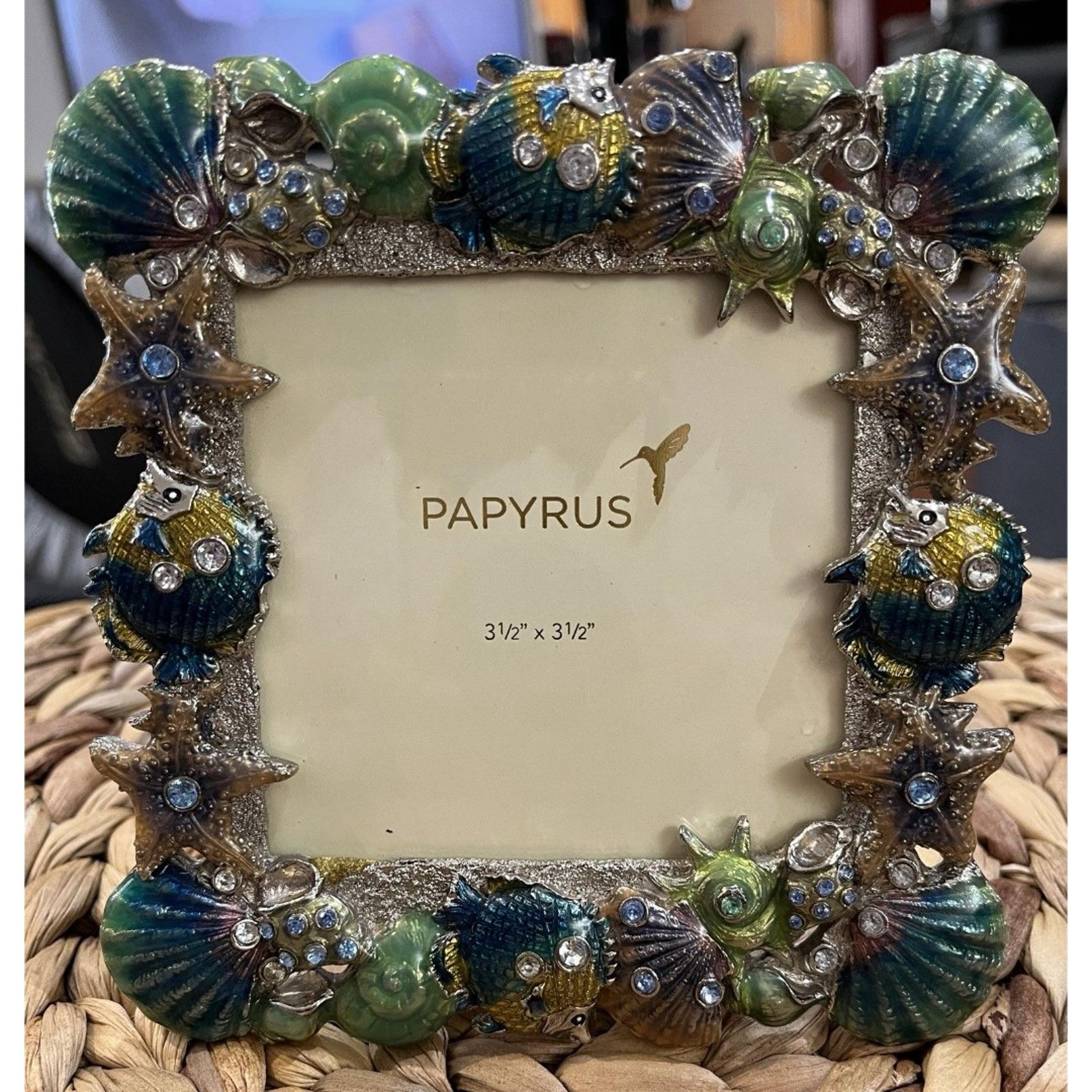 New Papyrus Picture Frame Enamel Seashells Fish Rhinestones 3.5x3.5in Beach