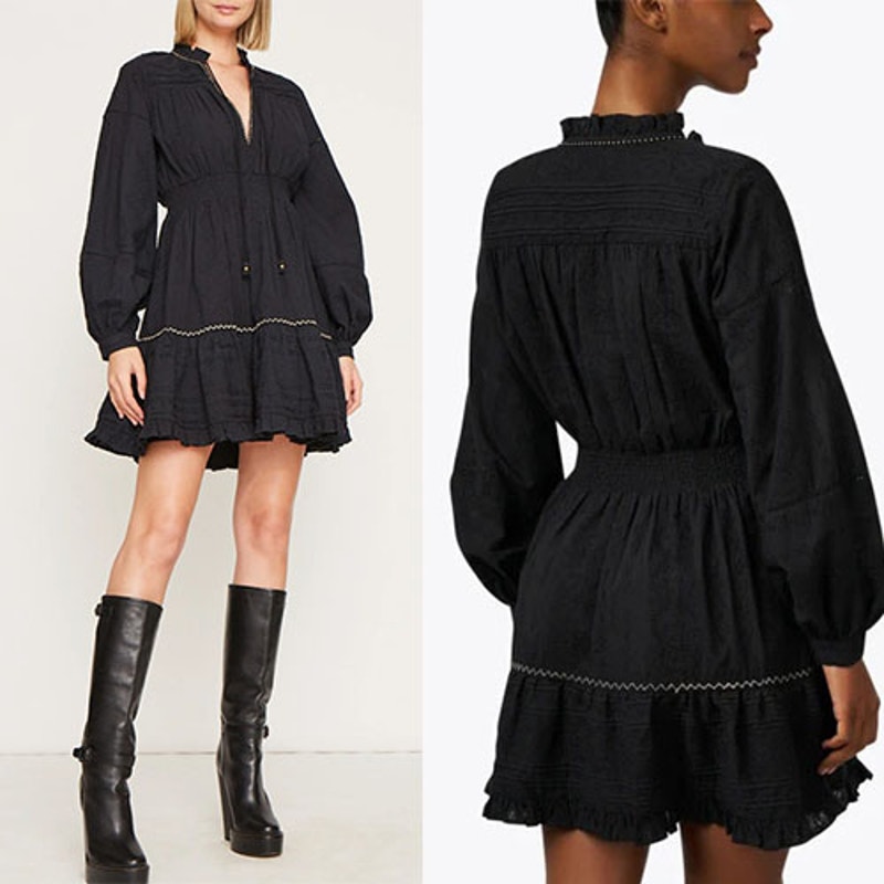 NWT Figue Rayne Long Sleeve Ruffle Black Embroidered Cotton Dress Size: XS