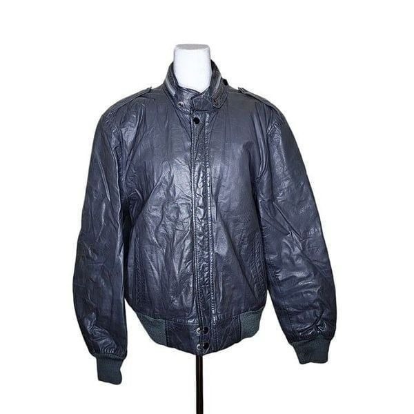 Vintage 80s Cafe Racer Leather Bomber Jacket Mens Size M Gray