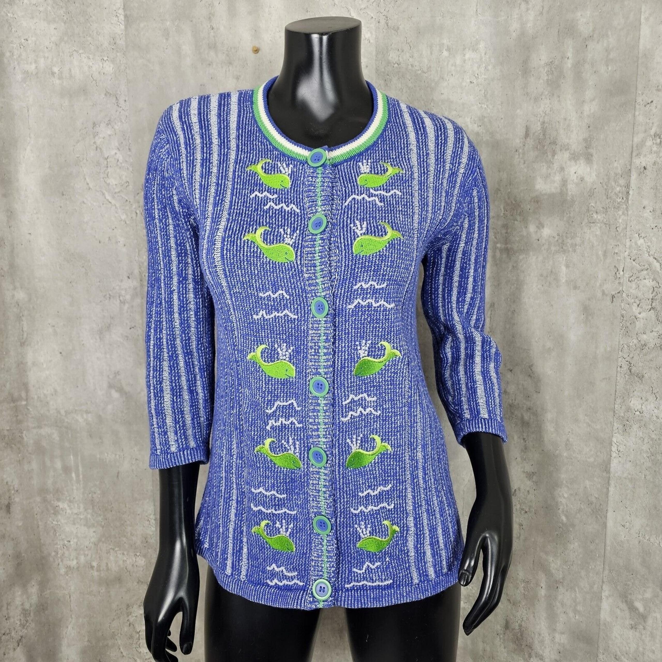 Storybook Knits Womens XS Whale of a Day Blue Knit Cardigan Embroidered Beaded