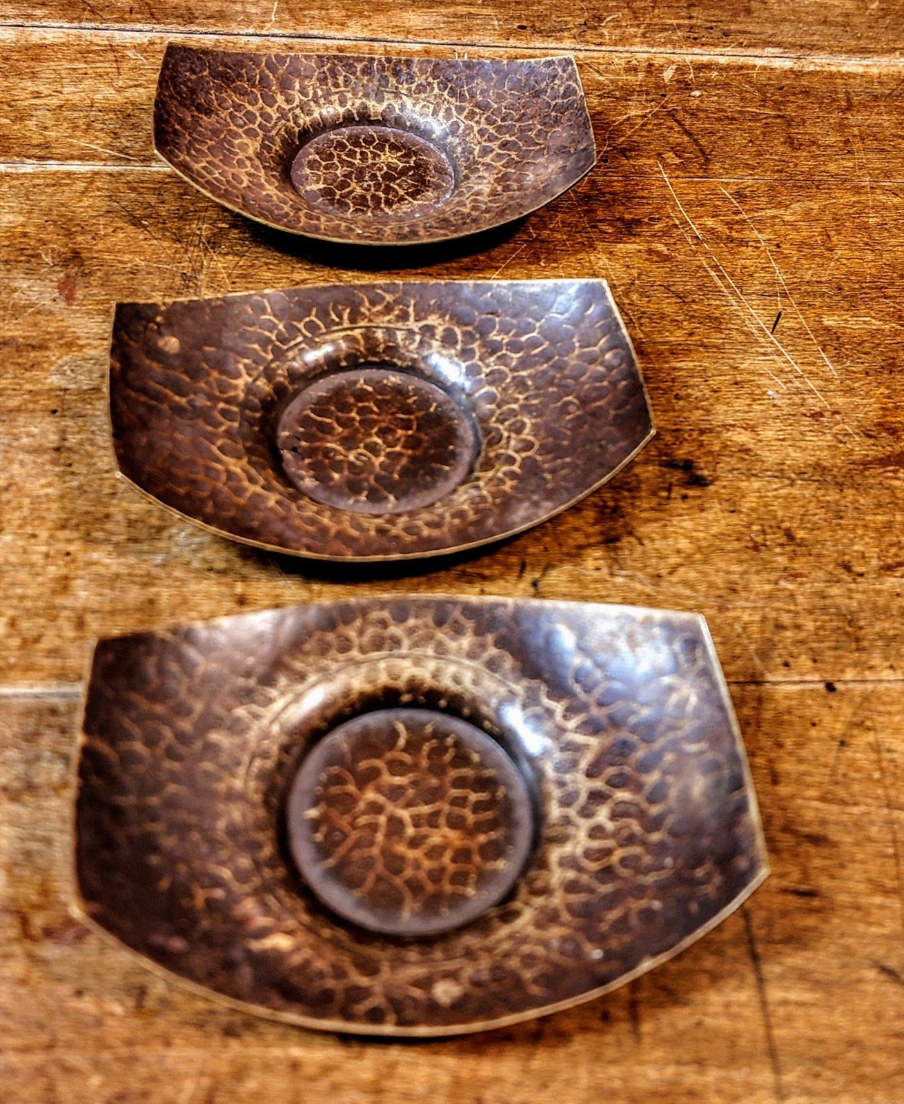 (3) Antique Hammered Copper/Bronze Chataku Japanese Sake Saucers