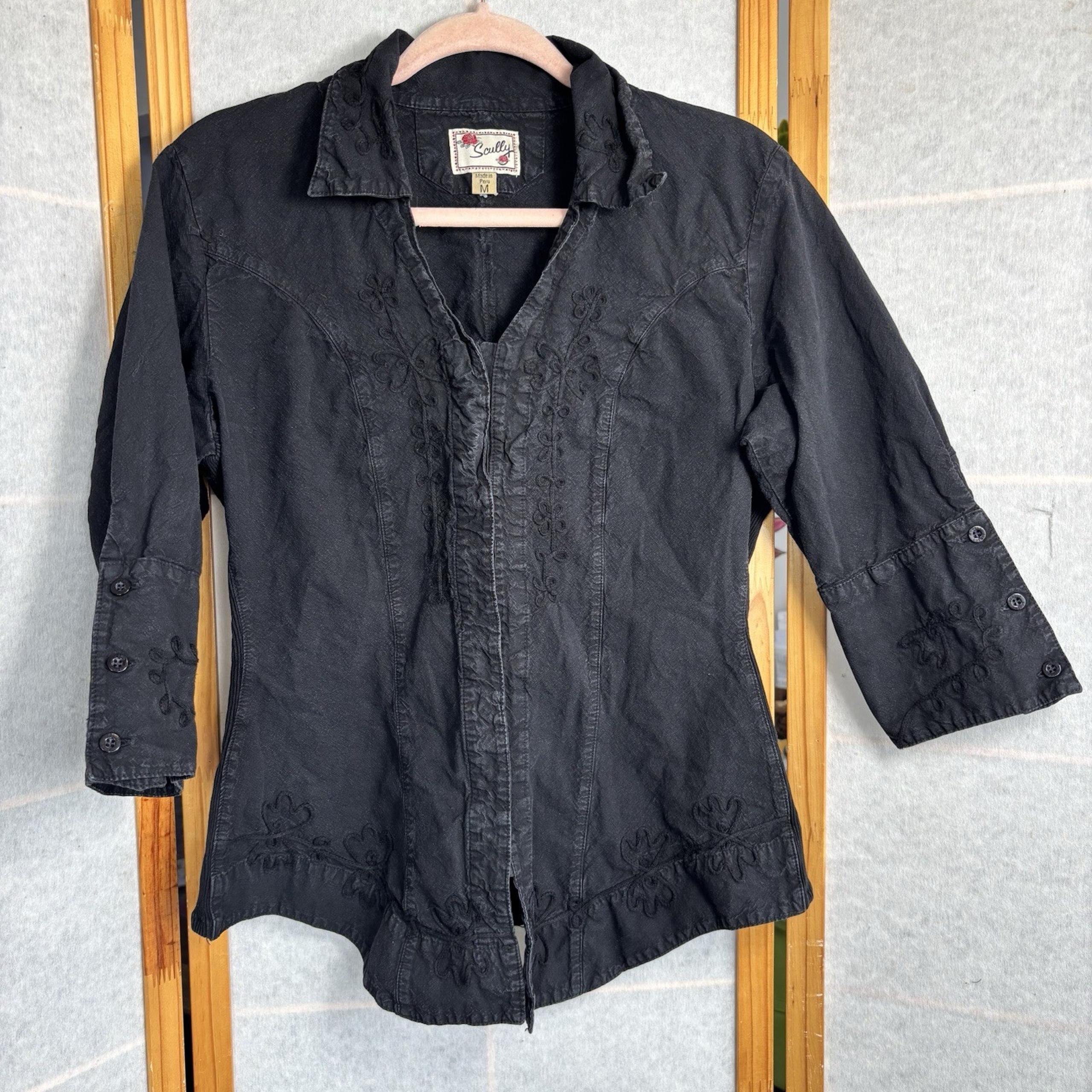 Scully's Cantina Black 3/4 Sleeve Peruvian Cotton Button Front Top Medium Black