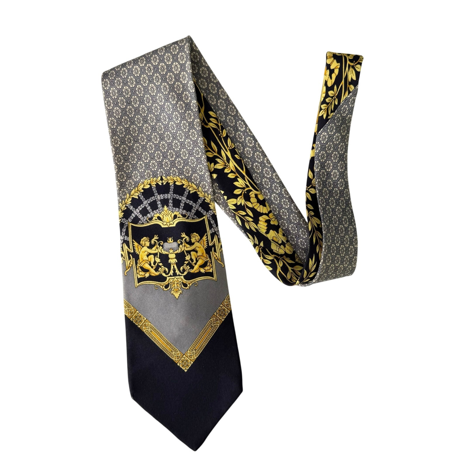 Gianni Versace Silk Vintage Tie Baroque Angels 90's Greek Mythology Black Gold