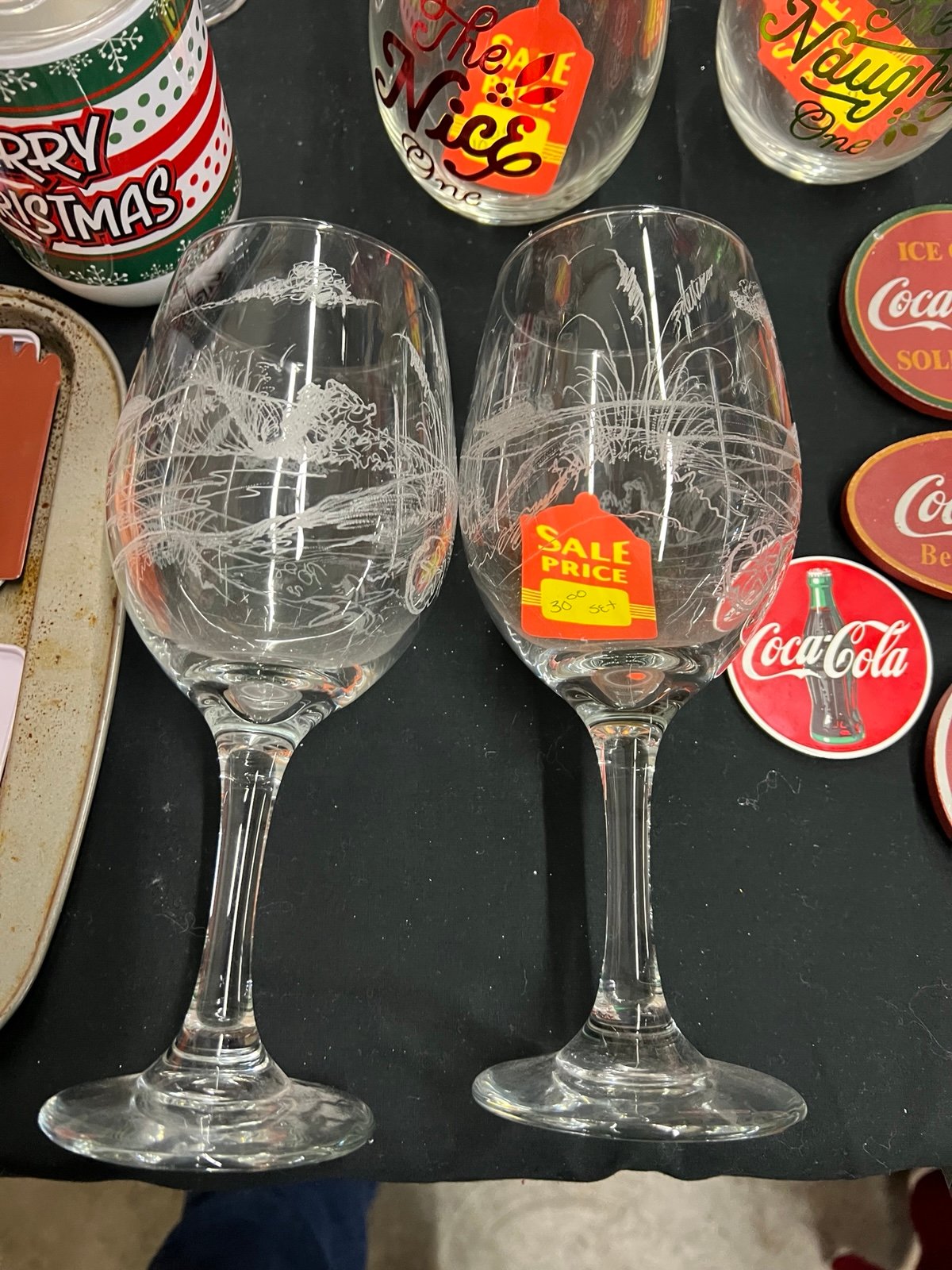Pair of etched crystal wine glasses