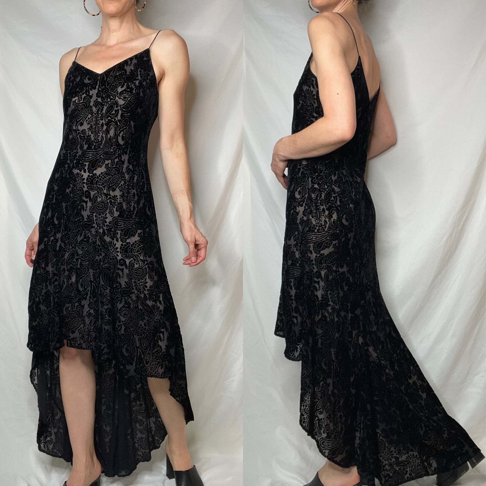 Vintage 90s Y2K velvet burnout slip dress hi-lo train hem black whimsigoth prom