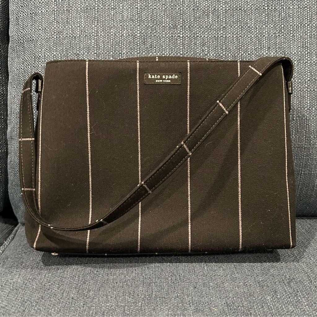 Kate Spade Shoulder Bag Black/Gray Wool Pinstriped Made In Italy
