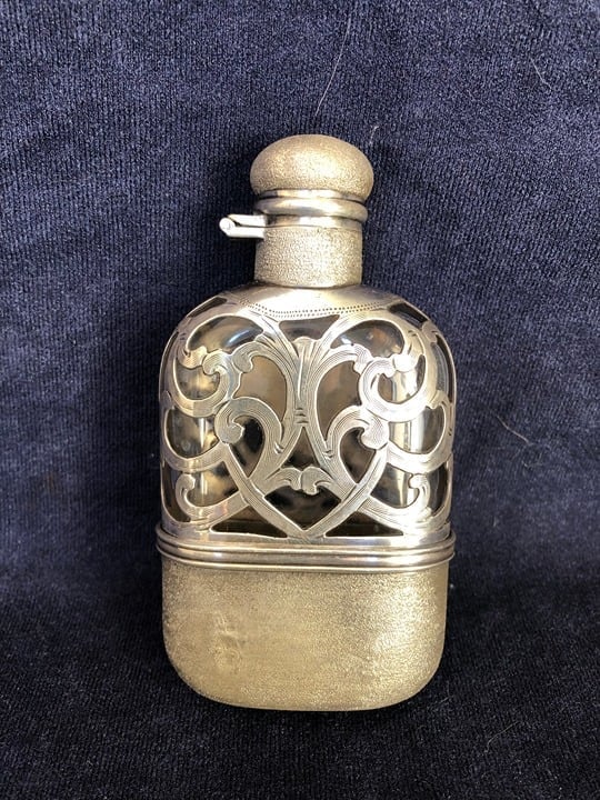 Antique American Sterling Silver Overlay on Glass Women's Flask.
