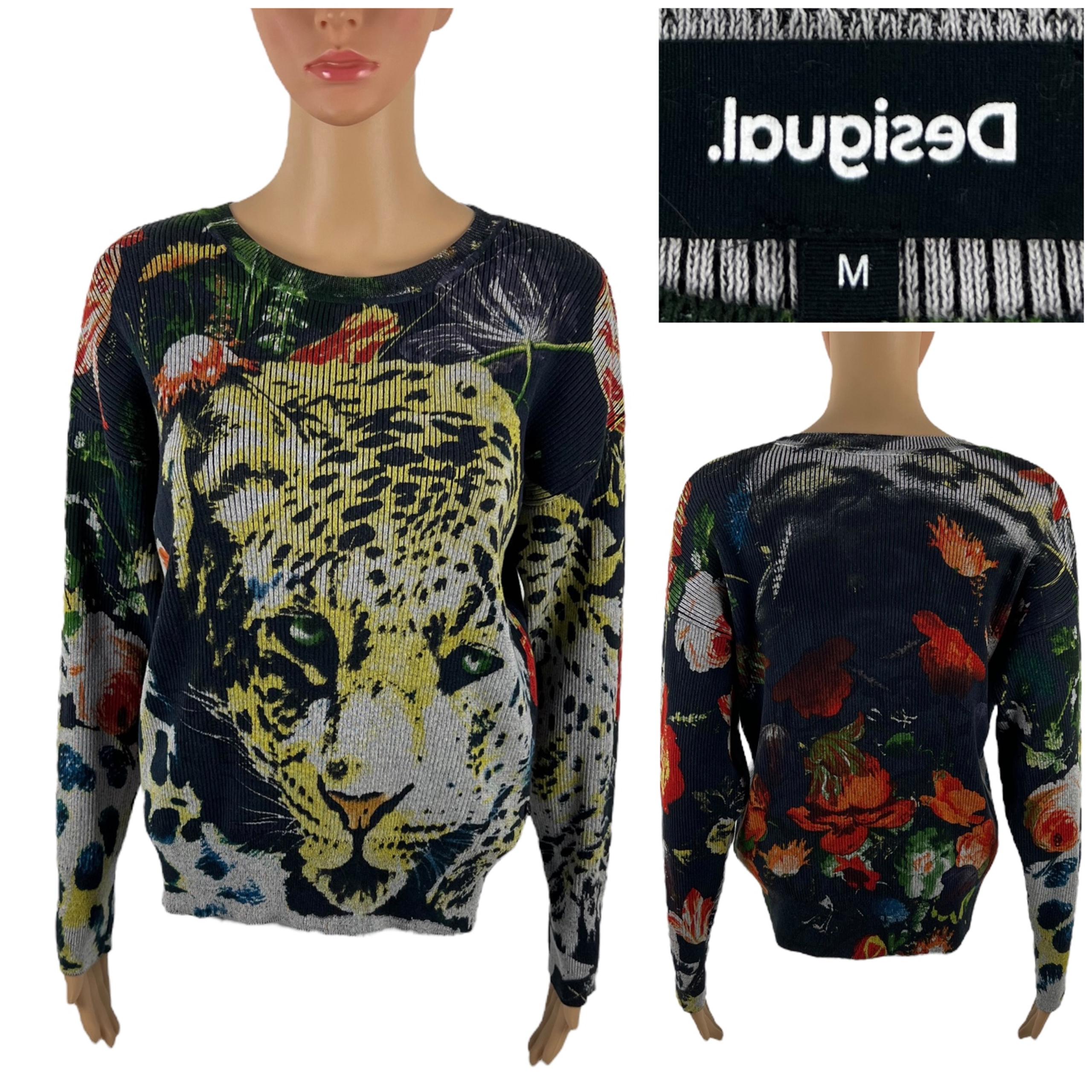 Desigual Womens Medium Sweater Knitwear CrewNeck Leopard Floral All Over EUC