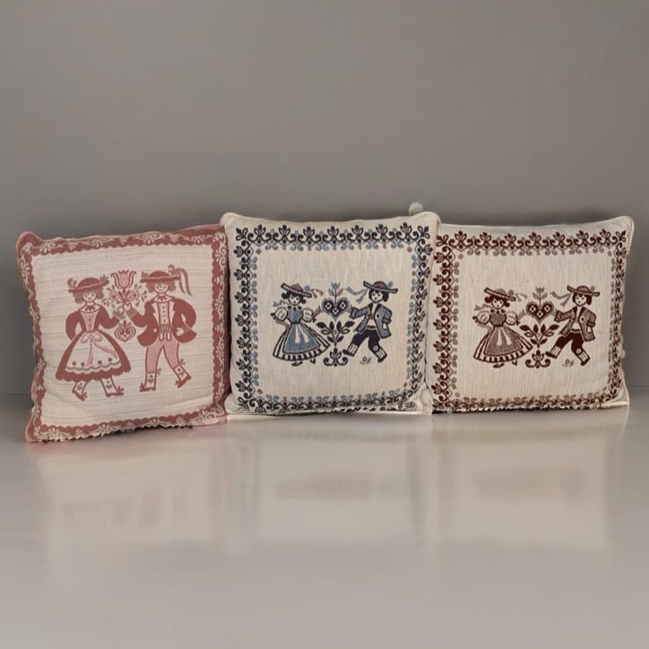 3 Vintage Embroidered Pillow Cushions Folk Art Austrian Scandi Style Man Woman