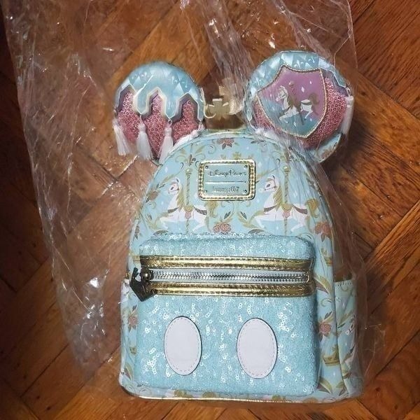 Loungefly Disney Parks Mickey Mouse Gold and Blue Carousel Backpack w/matching h