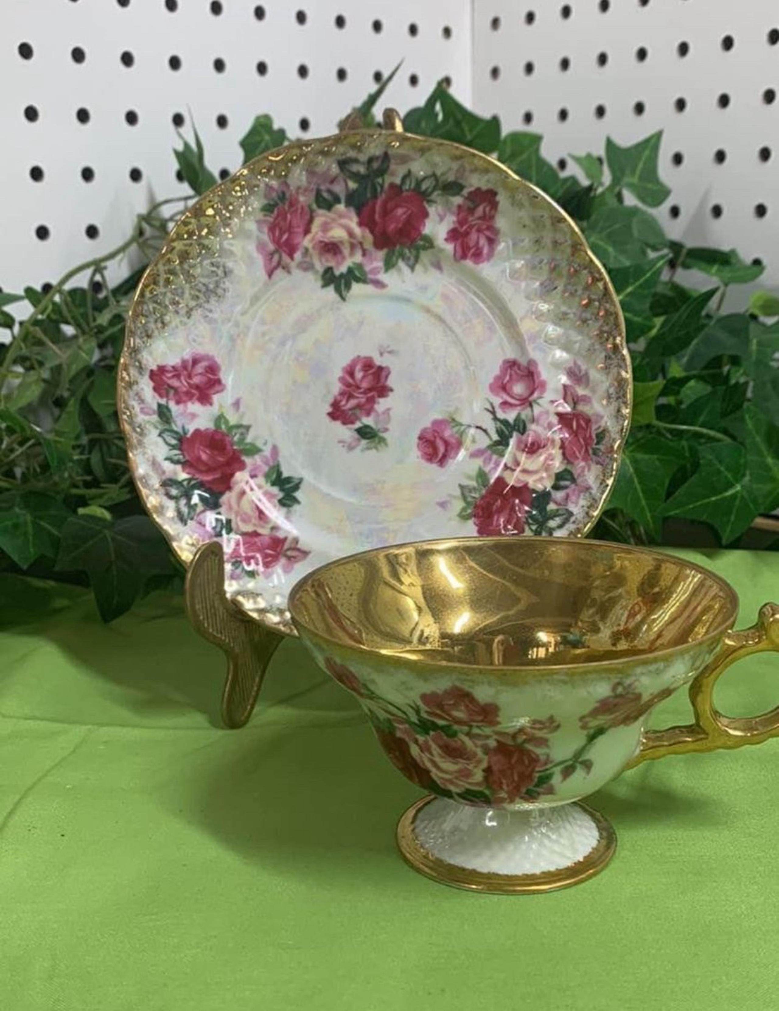 Antique Gold & Pink Flowers Lusterware Tea Cup & Saucer