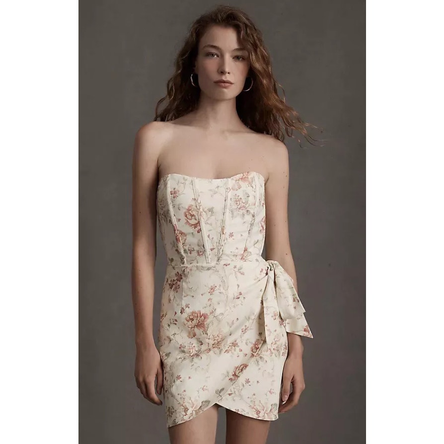 V Chapman Womens Nasturtium Mini Dress Strapless Floral Bow Cream Size 14 NEW