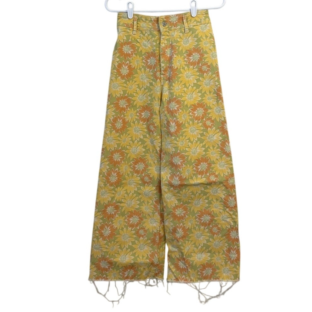 Zara The Marine Straight Wide Leg Jeans Daisy Sunflower Raw Hem Yellow Size 4
