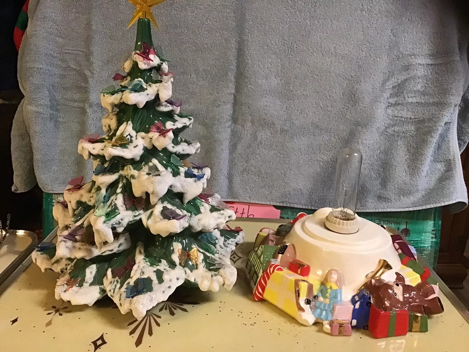 Vintage Mold Ceramic Christmas Tree with Toy Filled Base RARE