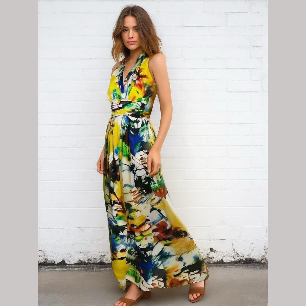 Ellen Tracy Yellow Floral Halter Fit & Flare Summer Party Resort Maxi Dress 4