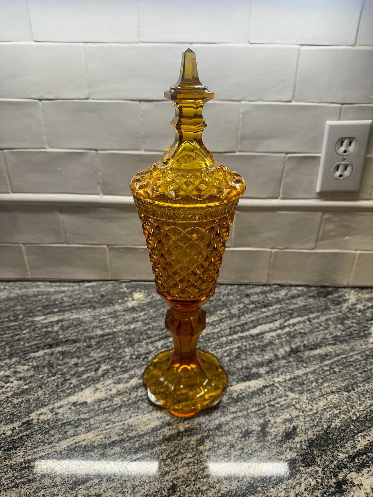 Vintage Indiana Glass Marigold Diamond Point Tall Jar With Lid 12 Tall