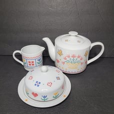 Shafford Japan Heirloom Sampler Patteen Set Teapot Creamer Sugar Cube Dome Dish