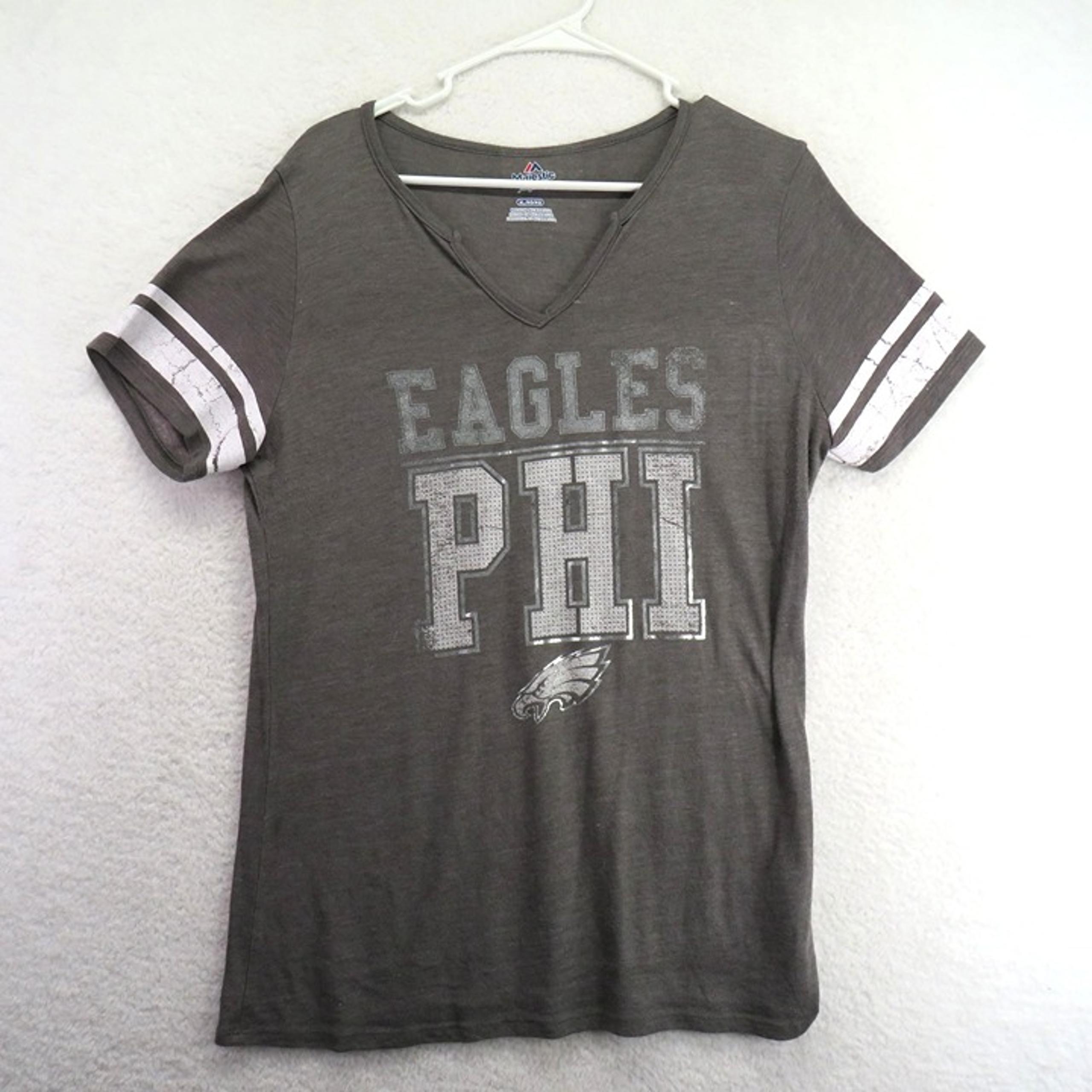 Majestic Eagles T Shirt Womens Sz XL NFL Football V Neck Tee Gray White Silver
