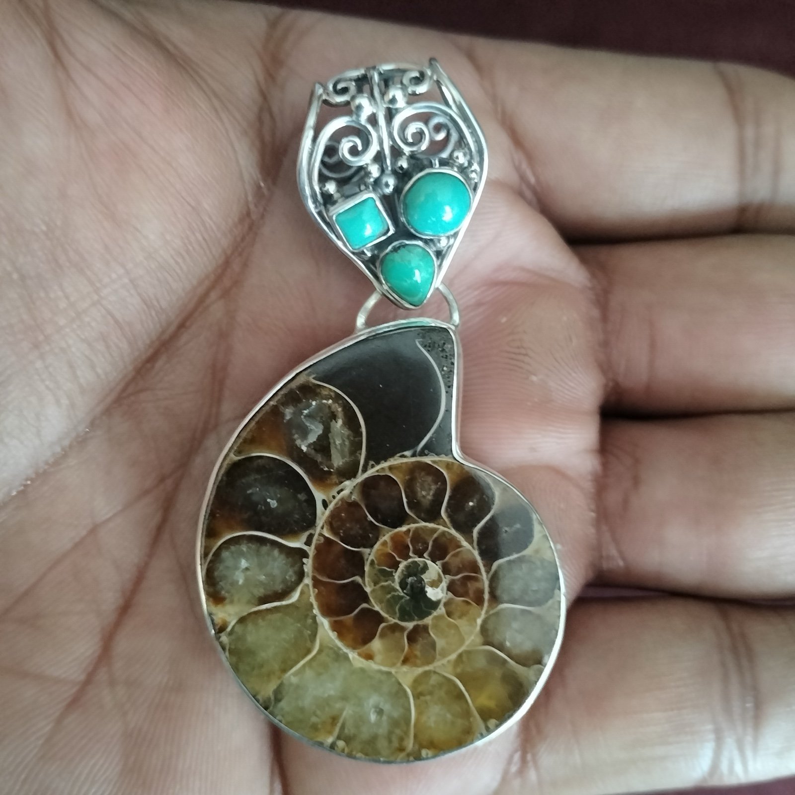 Sterling Silver Ammolite Turquoise Snail Pendant