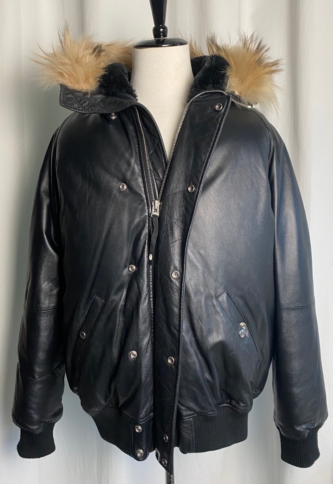A Bathing Ape Bape Black Leather Sheepskin Puff Jacket Hooded Real Fur XL Rare
