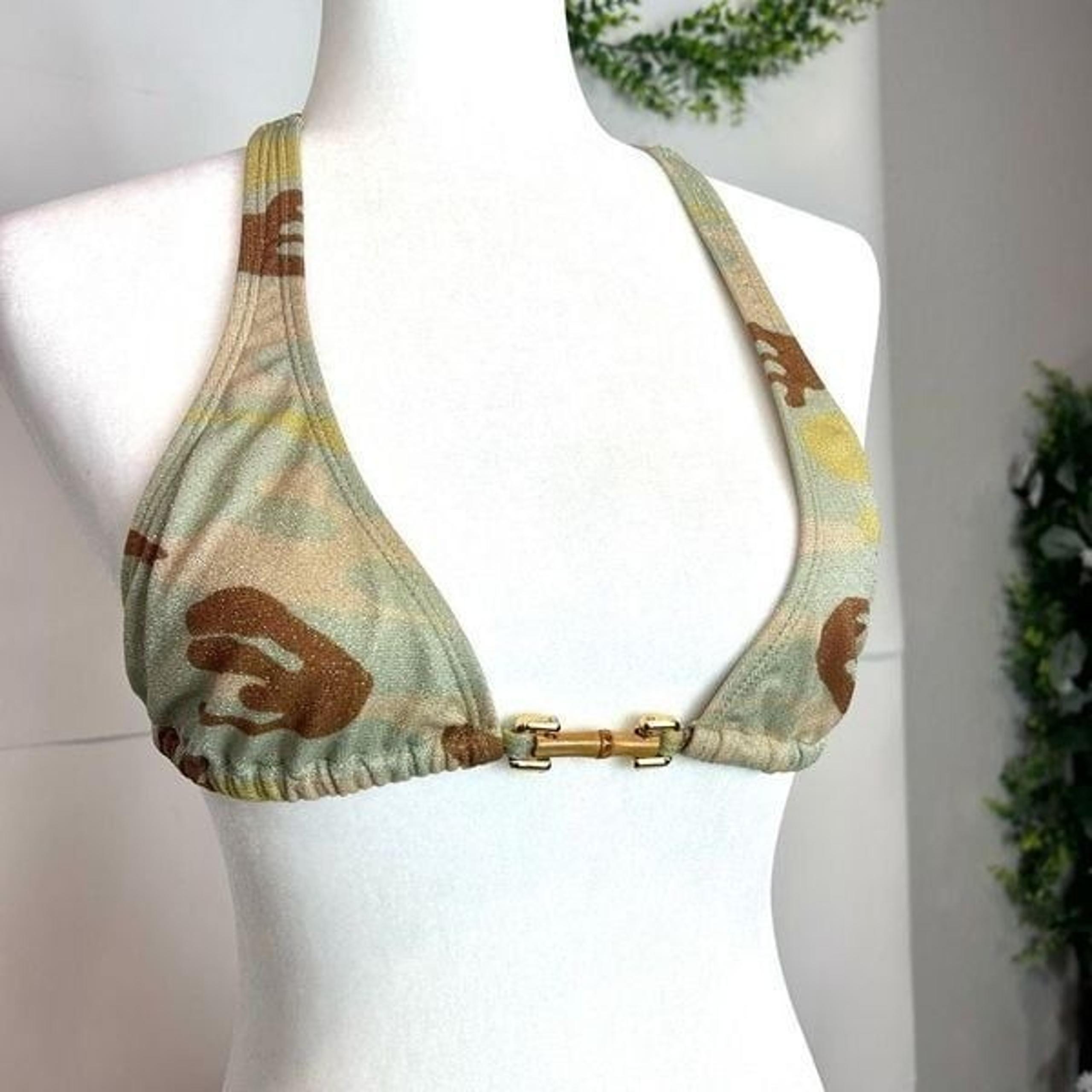 LeTarte Swim Top Womens 8 Green Glitter Camouflage Triangle Tie Halter Le Tarte