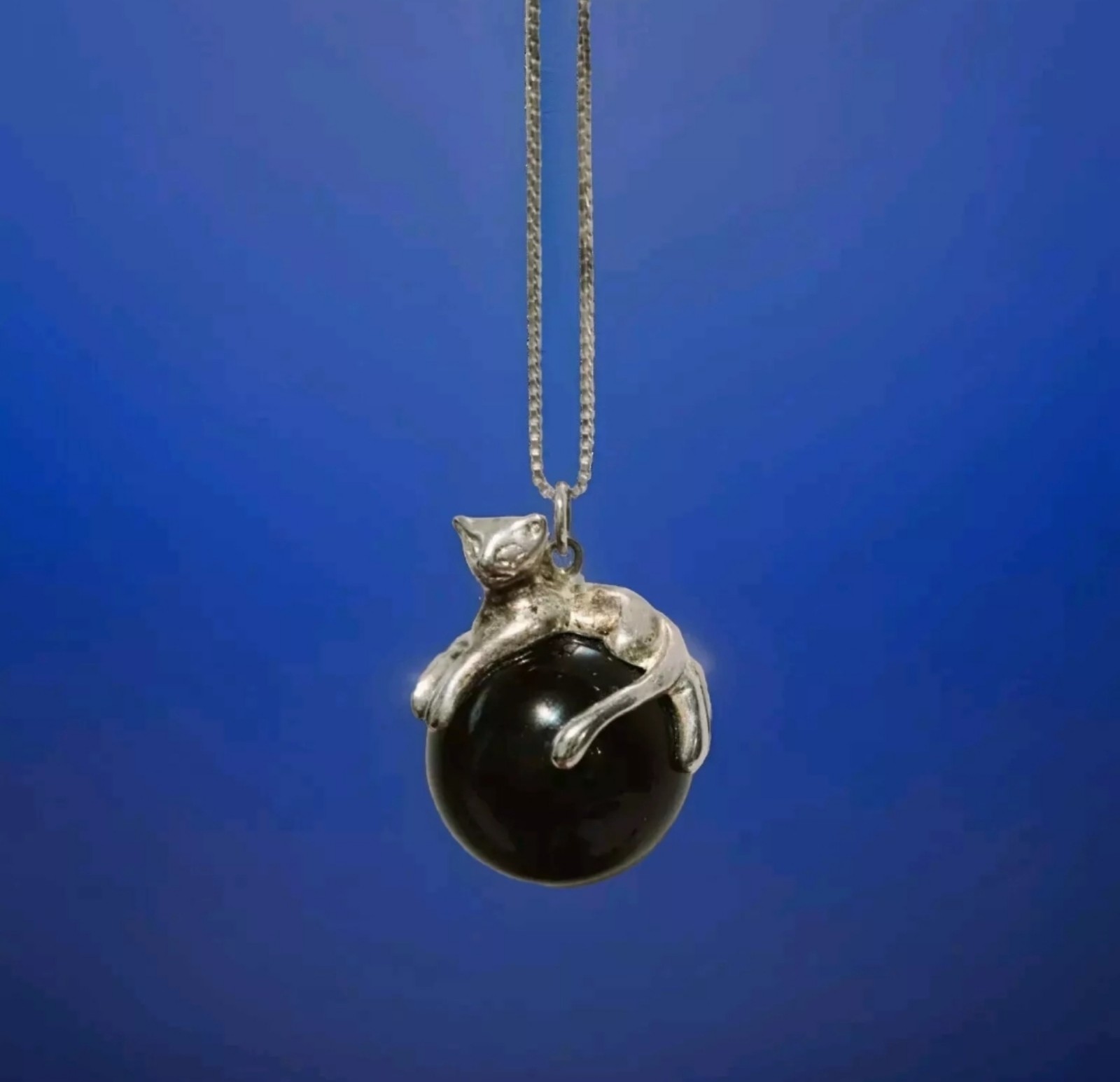 Tiger Cat Charm on Obsidian Ball Necklace Jewelry Sterling Silver 925 Pendant