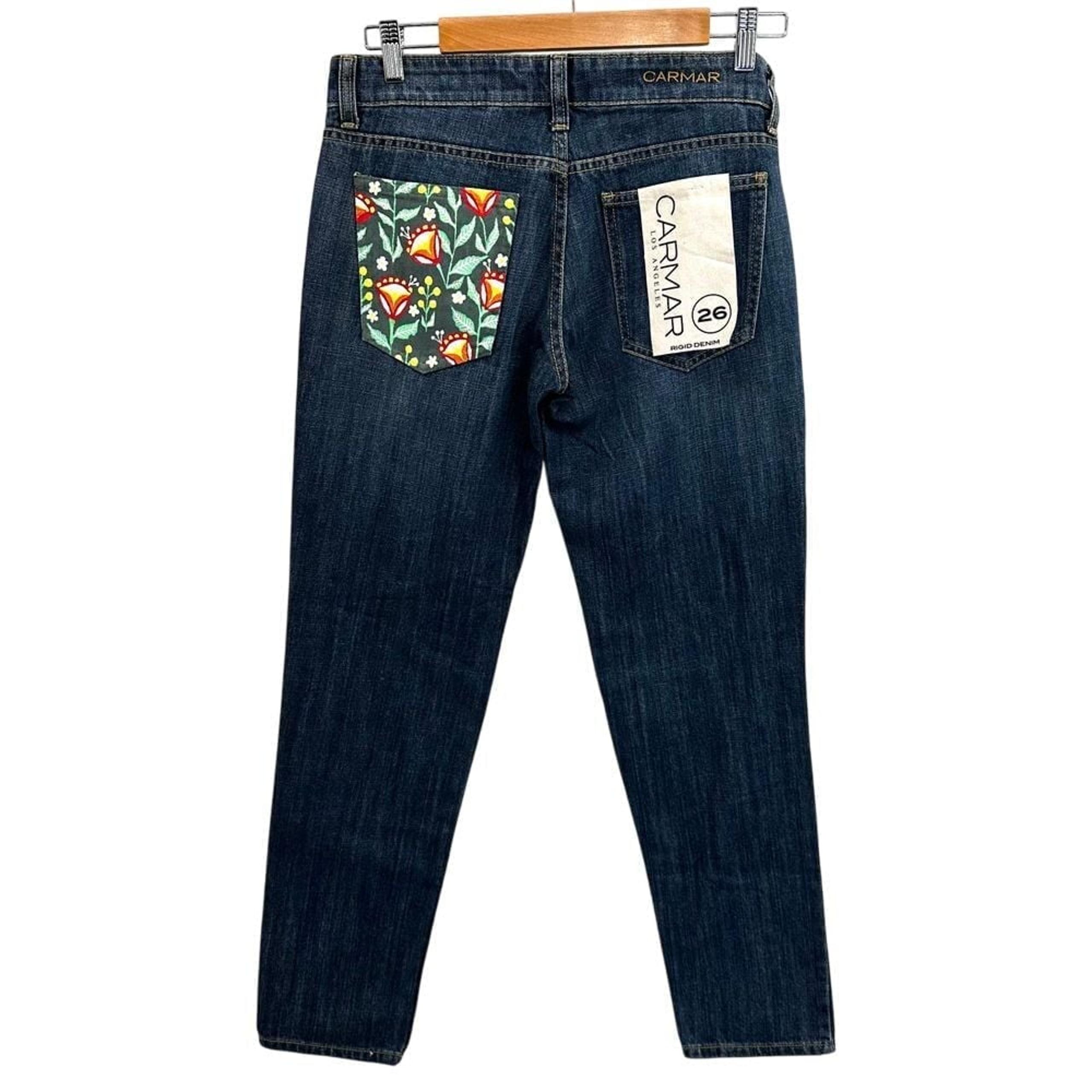 Carmar Jean Woman 26 Blue Distressed Denim Floral Pocket Boho Ripped Boyfriend