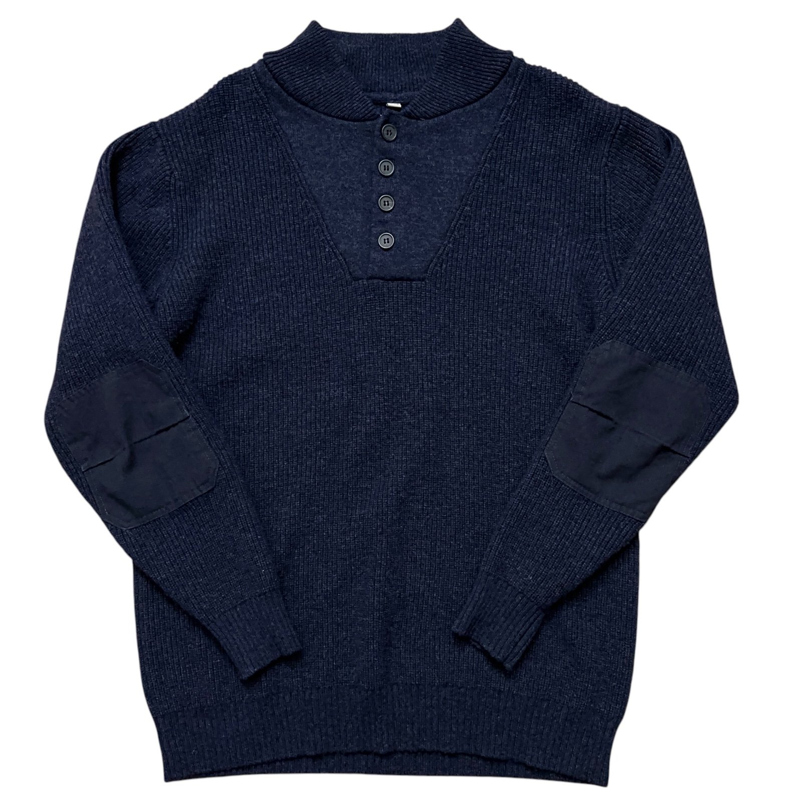 Schott Bros Sweater Mens Size L Wool Blend Military Henley Elbow Patch Navy Blue