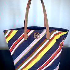Tory Burch multi color striped canvas leather trim tote for beach/shopping/book