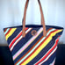 Tory Burch multi color striped canvas leather trim tote for beach/shopping/book