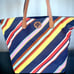 Tory Burch multi color striped canvas leather trim tote for beach/shopping/book