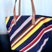Tory Burch multi color striped canvas leather trim tote for beach/shopping/book