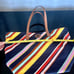 Tory Burch multi color striped canvas leather trim tote for beach/shopping/book