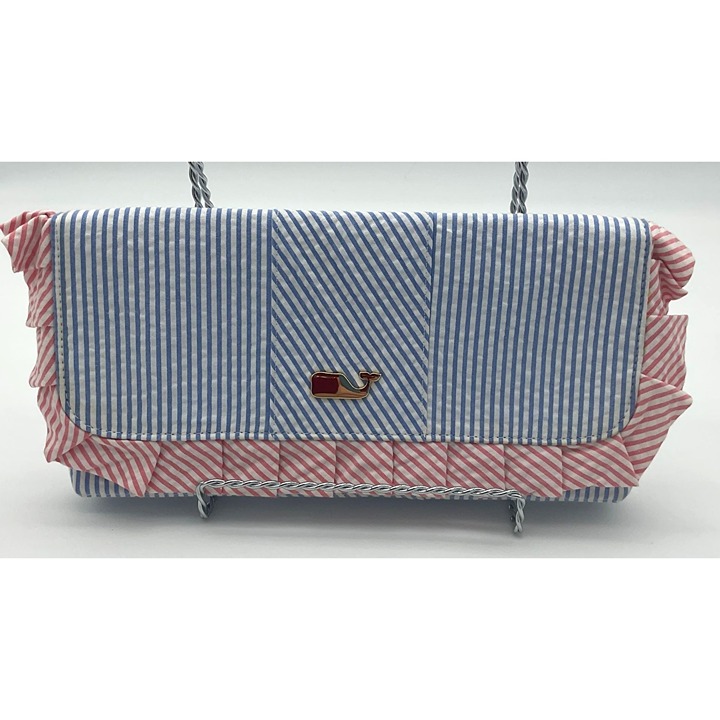 Vineyard Vines Martha's Vineyard Seersucker Ruffle Clutch Gold Tone Whale Logo