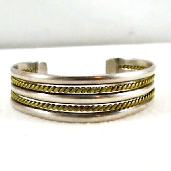 TAXCO Sterling Silver Brass Rope Inset Cuff Bangle