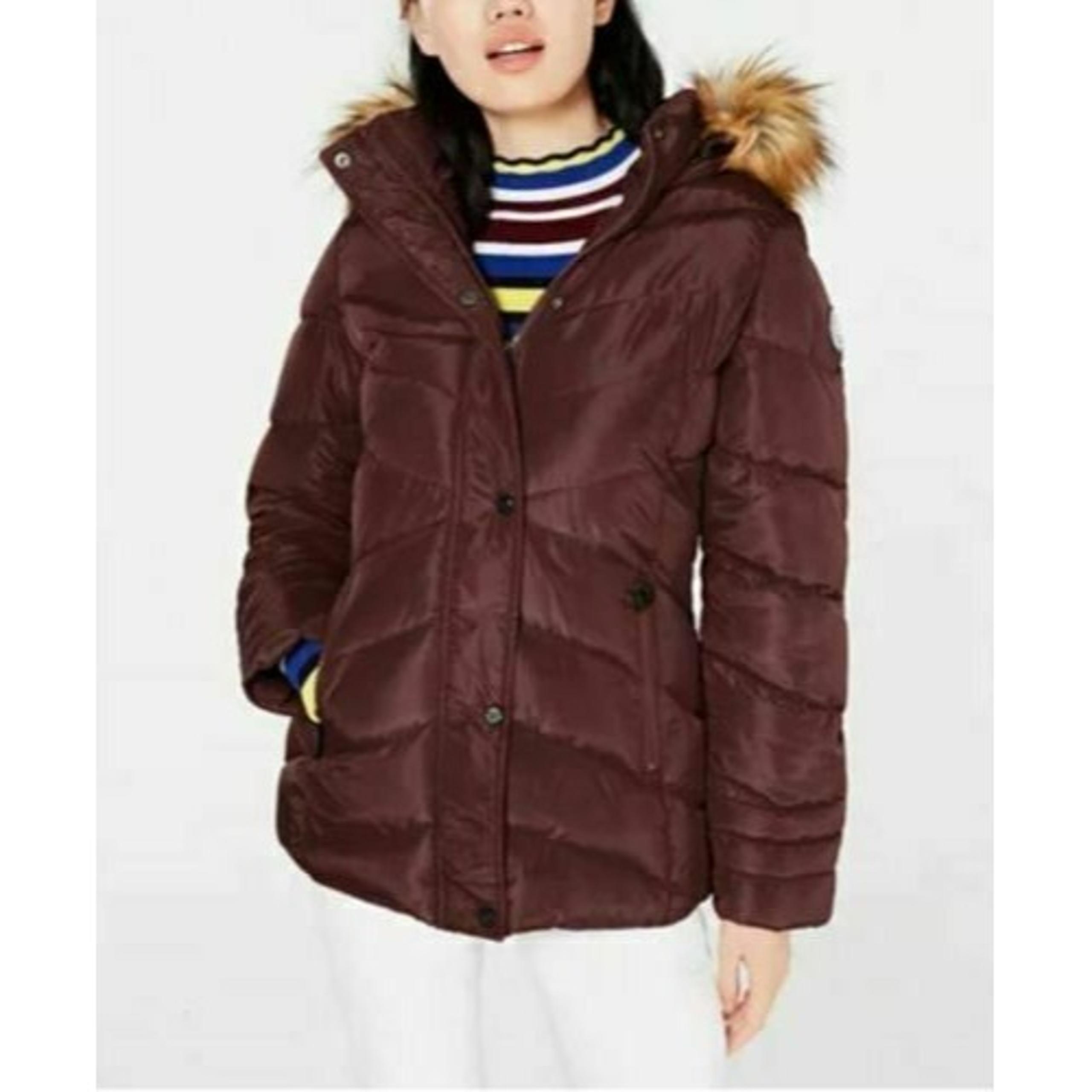 Madden Girl Puffer Coat Size Medium Juniors' Hooded Faux Fur Trim Purple NEW