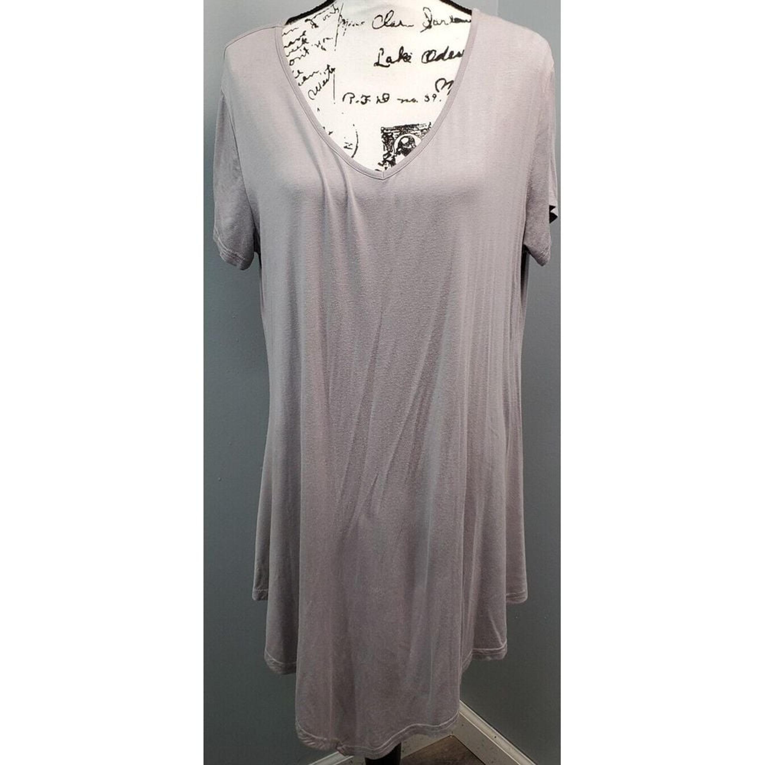 Doublju T Shirt Dress Womens 2XL Gray Rayon Short Sleeve Deep V Neck Pullover