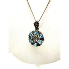 Blue Victorian Floral Pendant, Vintage Marcasite and Crystal Sterling Silver