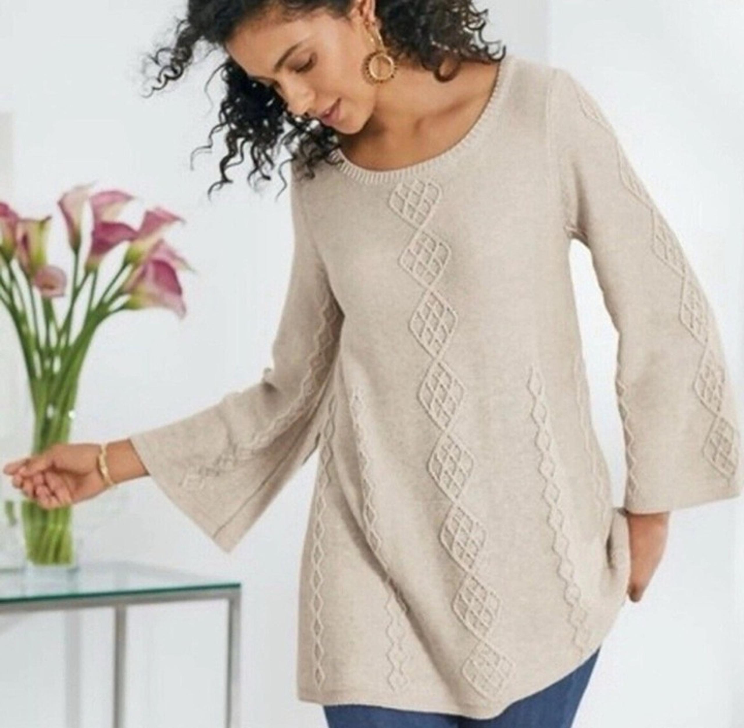 Soft Surroundings Large L Oatmeal Reza Silk Cashmere Lattice Diamond Sweater