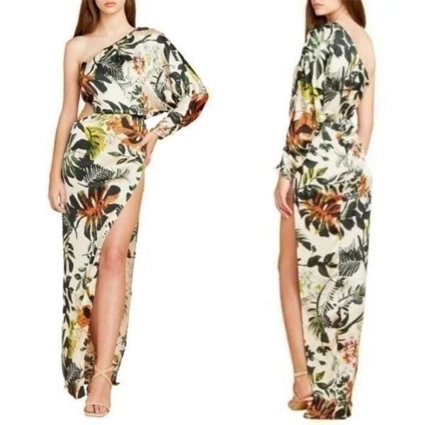 Katie May Vamanos One-Shoulder Satin Cut out Floral Dress, XS