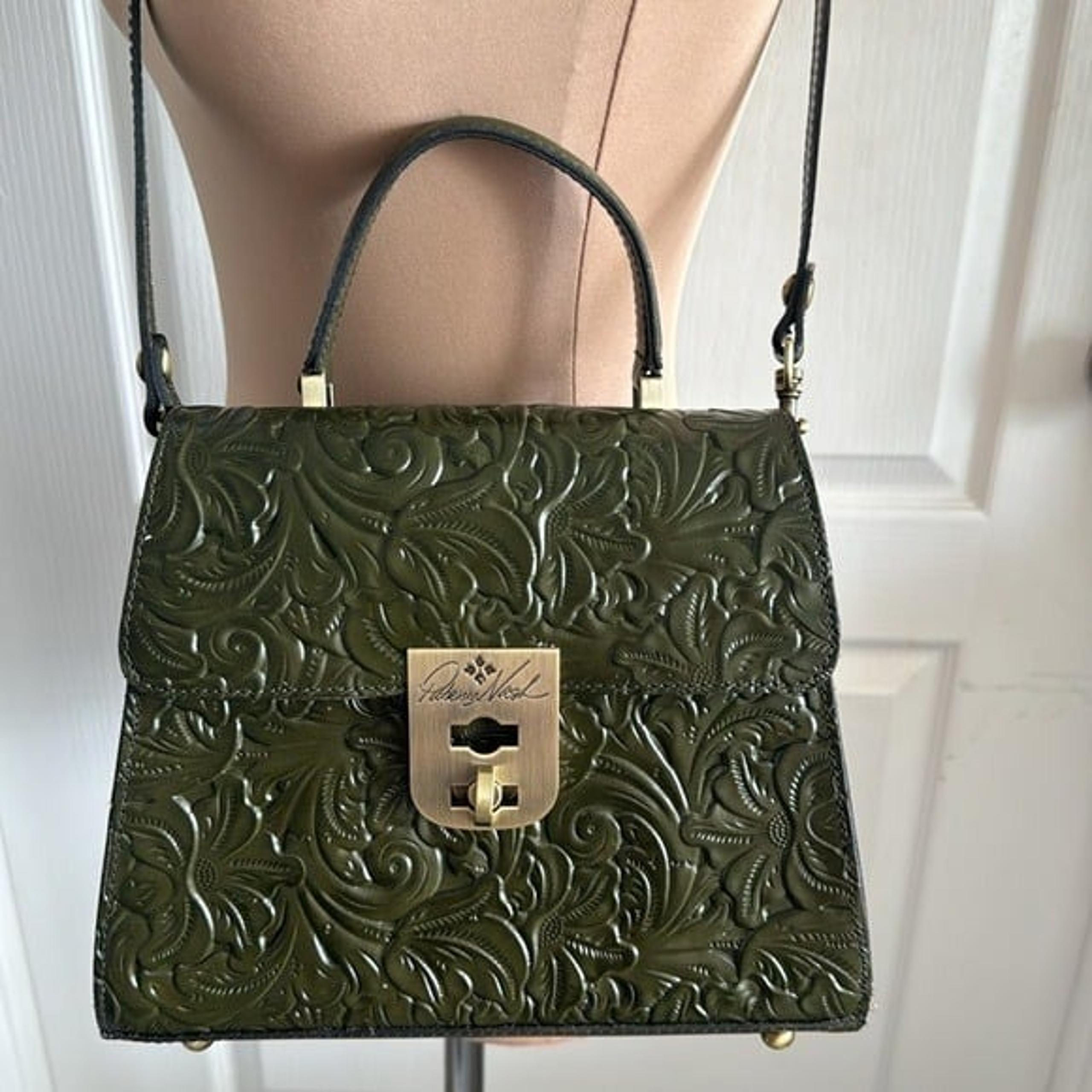 Patricia Nash BRNTL Leather Tooled Chauny Soft Olive Green Crossbody Top Handle*
