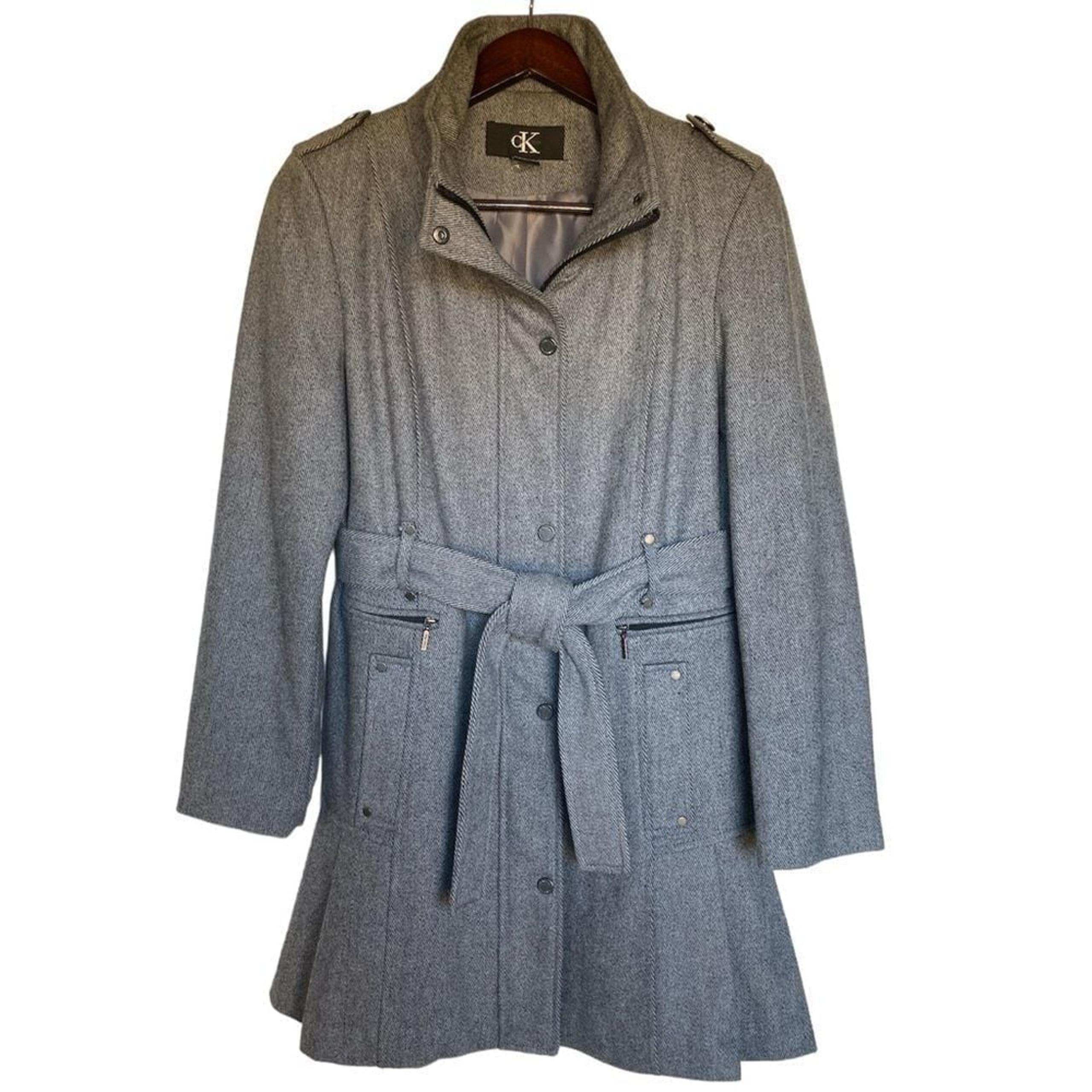 Calvin Klein Women Medium Pleated Skirt Bottom Wool Peacoat Belted Pocket Collar