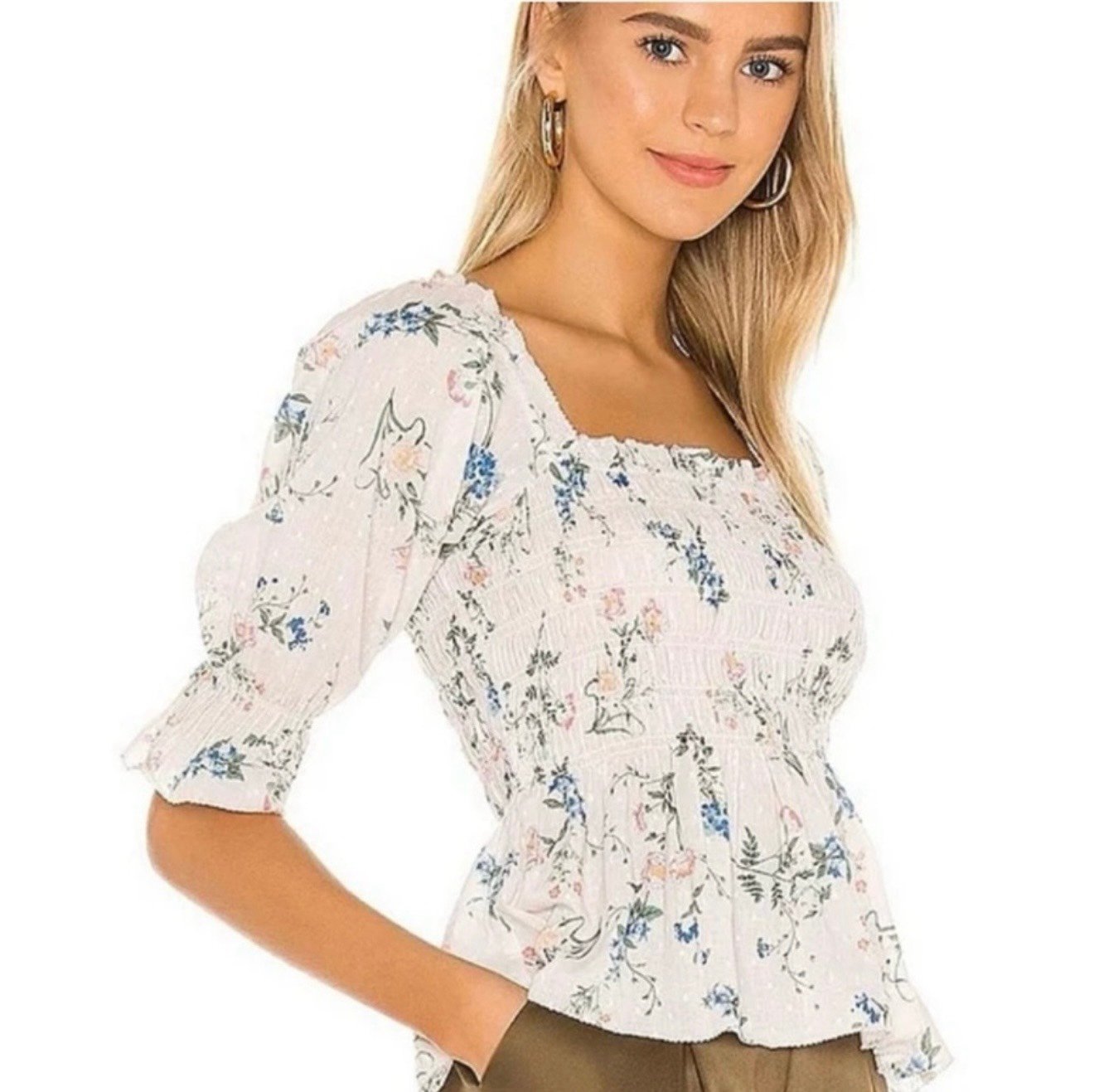 Saylor Shirt Womens Medium Pink Cotton Floral Smocked Peplum Clover Blouses