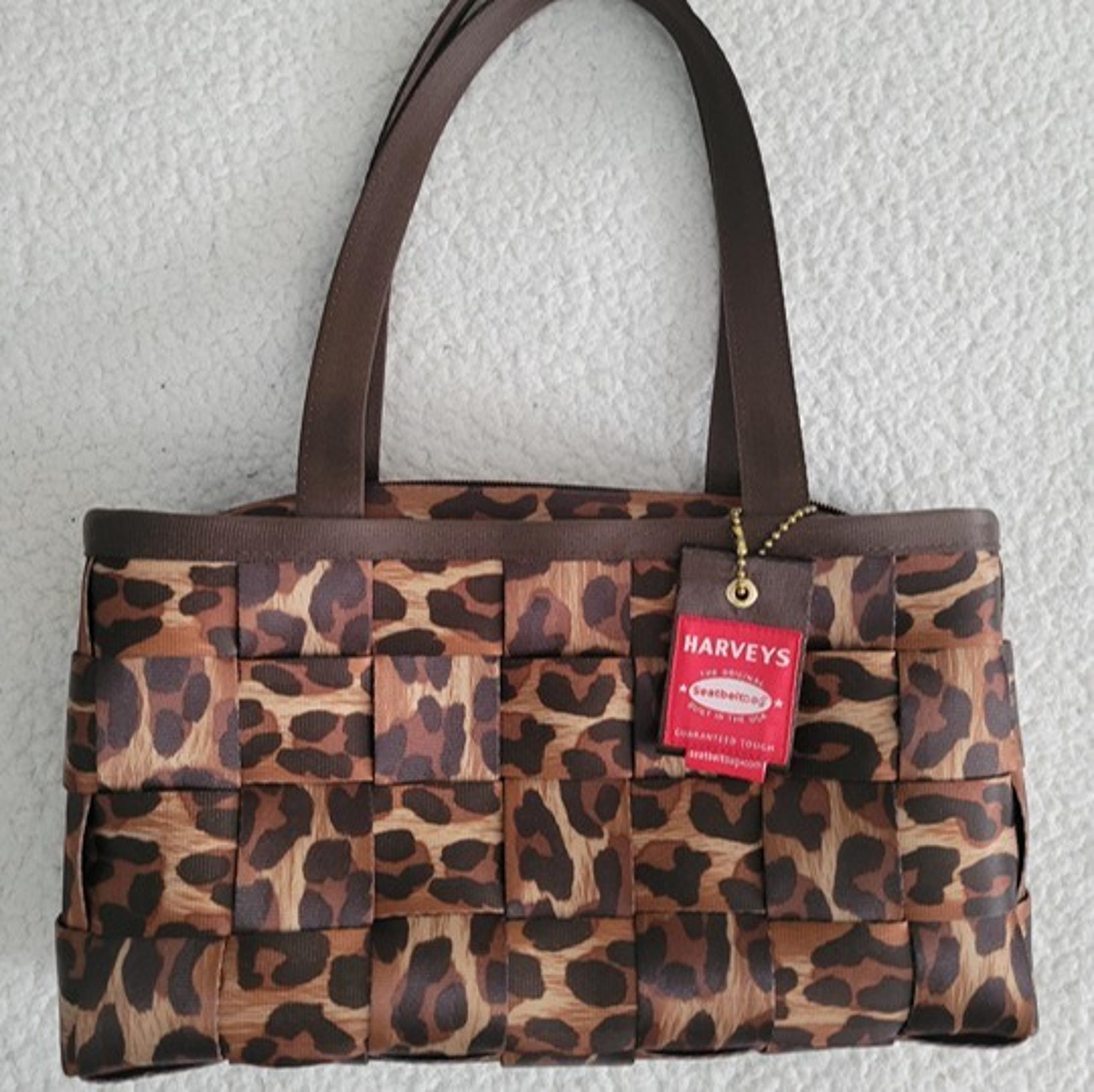 Harveys Seatbelt Bags Leopard animal print large tote, plum liner purse satchel