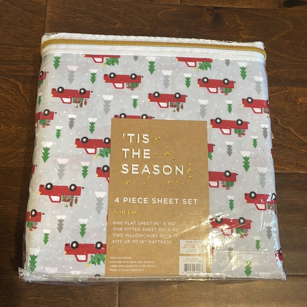 New Tis the Season 3 Piece Queen Christmas Tree Holiday Red Truck Bed Sheet Set