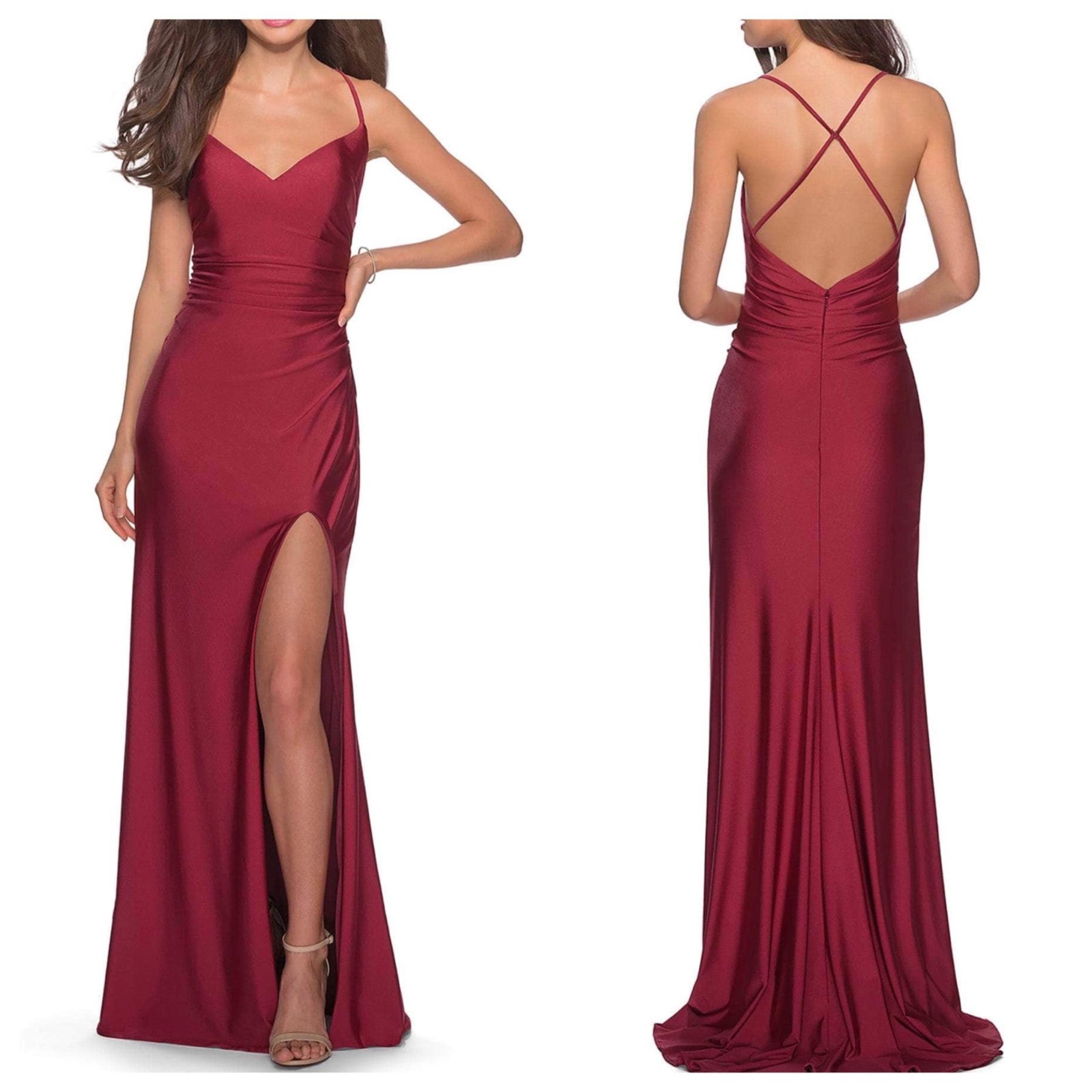 La Femme Long CrissCross Strapped High Slit Sheath Gown Dress Burgundy Sz 2 NWT