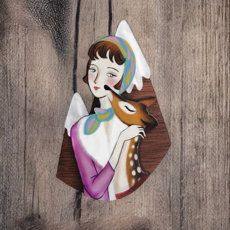 Girl with deer and mountains brooch Christmas jewellery by laliblue